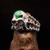 Excellent crafted Men's green 1% Outlaw Biker Skull and Bones Ring - Sterling Silver - BikeRing4u