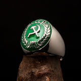 Perfectly crafted Men's Communist Ring green Hammer Sickle Crest CCCP - Sterling Silver - BikeRing4u