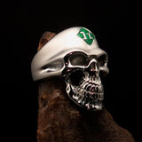 Mirror polished Men's Outlaw Biker Ring green 1% Skull - Sterling Silver - BikeRing4u