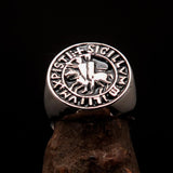 Excellent crafted Men's black Templar Knight Seal Ring - Sterling Silver - BikeRing4u
