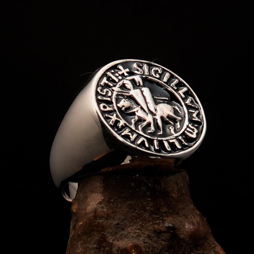 Men's Sterling Silver black Templar Knight Seal Ring - Free Shipping