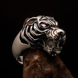 Excellent crafted Men's Predator Ring Tiger red CZ Eyes and black Stripes - Sterling Silver - BikeRing4u