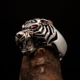 Excellent crafted Men's Predator Ring Tiger red CZ Eyes and black Stripes - Sterling Silver - BikeRing4u