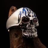 Excellent crafted Men's blue 1% Flaming Skull Outlaw Ring red CZ Eyes - Sterling Silver - BikeRing4u