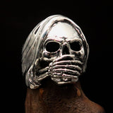Excellent crafted Men's Grim Reaper Skull Ring Speak No Evil - Sterling Silver - BikeRing4u