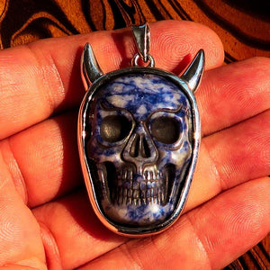 Hand crafted horned Devil Face Skull Amulet - Sodalite Carving - Sterling Silver - BikeRing4u