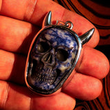 Hand crafted horned Devil Face Skull Amulet - Sodalite Carving - Sterling Silver - BikeRing4u