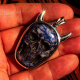 Hand crafted horned Devil Face Skull Amulet - Sodalite Carving - Sterling Silver - BikeRing4u