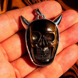 Hand crafted horned Devil Face Skull Amulet - Tiger's Eye Carving - Sterling Silver - BikeRing4u