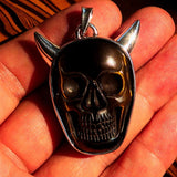 Hand crafted horned Devil Face Skull Amulet - Tiger's Eye Carving - Sterling Silver - BikeRing4u
