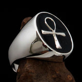 Black oval shaped Egyptian Ankh Cross Men's Ring - Sterling Silver - BikeRing4u