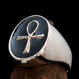 Black oval shaped Egyptian Ankh Cross Men's Ring - Sterling Silver - BikeRing4u