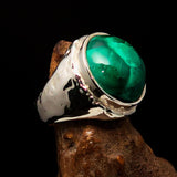 Round shaped Sterling Silver Men's Ring with Green Malachite - Size 10.5 - BikeRing4u
