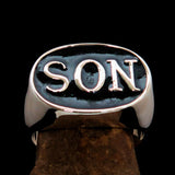 Perfectly crafted oval Initial Men's Ring black SON one word - Sterling Silver - BikeRing4u