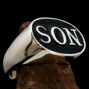 Perfectly crafted oval Initial Men's Ring black SON one word - Sterling Silver - BikeRing4u