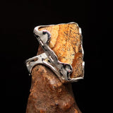 Fancy shaped asymmetric Artwork Sterling Silver Ring with Picture Jasper - Size 8 - BikeRing4u