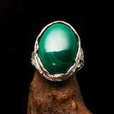 Artwork Sterling Silver Ring with oval Green Malachite - Size 10.5 - BikeRing4u