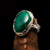 Artwork Sterling Silver Ring with oval Green Malachite - Size 10.5 - BikeRing4u
