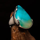 Minimalistic Sterling Silver Ring with pear shaped green Agate Cabochon - BikeRing4u