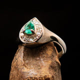 Sterling Silver Solitaire Ring with pear Green Emerald and white CZ - Size 5.5 - BikeRing4u