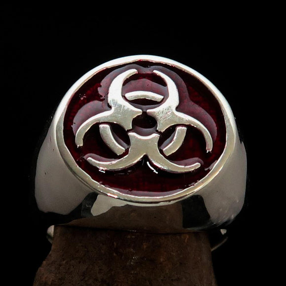 Nicely crafted Men's Bio Hazard Ring Red Toxic Waste Symbol - Sterling Silver - BikeRing4u