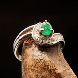 Sterling Silver Solitaire Ring with pear shape Green Emerald and 10 white CZ - Size 5.5 - BikeRing4u