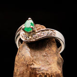 Sterling Silver Solitaire Ring with pear shape Green Emerald and 10 white CZ - Size 5.5 - BikeRing4u