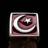 Perfectly crafted Men's Ring Crescent Moon and Star Red - Sterling Silver - BikeRing4u