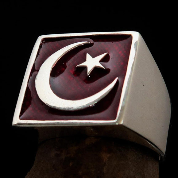 Perfectly crafted Men's Ring Crescent Moon and Star Red - Sterling Silver - BikeRing4u