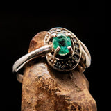 Sterling Silver Solitaire Ring with oval cut Green Emerald and 11 white CZ - Size 6.5 - BikeRing4u