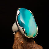 Minimalistic Sterling Silver Ring with oval shaped green Agate Cabochon - BikeRing4u