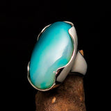 Minimalistic Sterling Silver Ring with oval shaped green Agate Cabochon - BikeRing4u