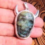 Hand crafted horned Devil Face Skull Amulet - Labradorite Carving - Sterling Silver - BikeRing4u