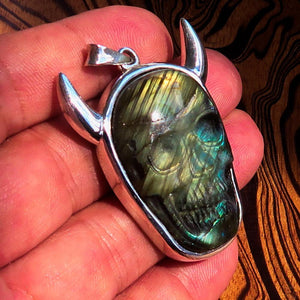 Hand crafted horned Devil Face Skull Amulet - Labradorite Carving - Sterling Silver - BikeRing4u