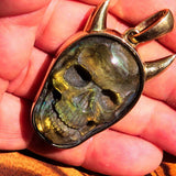 Hand crafted horned Devil Face Skull Amulet - Labradorite Carving - solid Brass - BikeRing4u