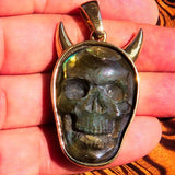 Hand crafted horned Devil Face Skull Amulet - Labradorite Carving - solid Brass - BikeRing4u