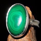 Oval shaped Mirror polished Sterling Silver Ring Green Malachite - Size 10 - BikeRing4u