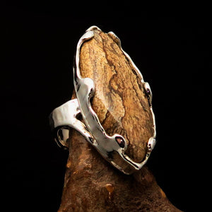 Marquise shaped symmetric Artwork Sterling Silver Ring with Picture Jasper size 8 - BikeRing4u
