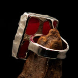 Sterling Silver Ring with rectangle shaped pink Agate Cabochon - BikeRing4u