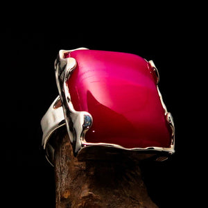 Sterling Silver Ring with rectangle shaped pink Agate Cabochon - BikeRing4u