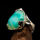 Artistic Sterling Silver Ring with pear shaped green Agate Cabochon - BikeRing4u