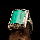 Artwork Sterling Silver Ring with rectangle shaped Green Malachite - Size 9 - BikeRing4u