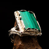 Artwork Sterling Silver Ring with rectangle shaped Green Malachite - Size 9 - BikeRing4u
