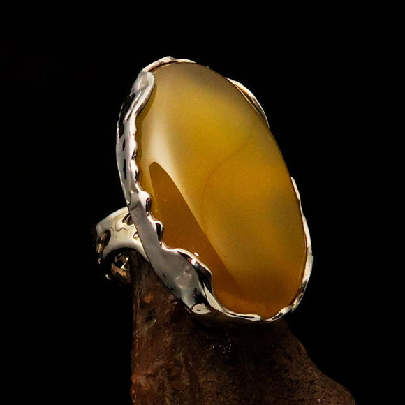 Sterling Silver Artwork Ring with oval yellow Agate Cabochon - BikeRing4u