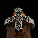 Excellent crafted Men's ornamental Celtic Cross Ring - antiqued Sterling Silver - BikeRing4u
