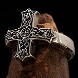 Excellent crafted Men's ornamental Celtic Cross Ring - antiqued Sterling Silver - BikeRing4u