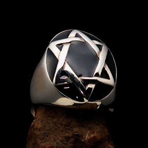 Excellent crafted Men's Hebrew Ring oval Black Star of David - Sterling Silver - BikeRing4u