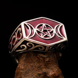 Men's Sterling Silver Ring Red Crescent Moon Pentagram Star - BikeRing4u