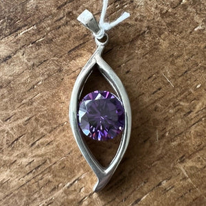 The round purple CZ in the Marquise Pendant - Sterling Silver - BikeRing4u