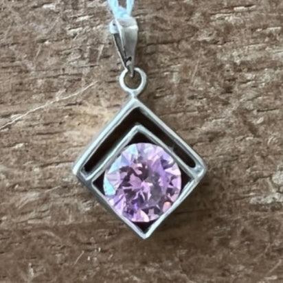 The round Pink CZ in the double Square Pendant - Sterling Silver - BikeRing4u